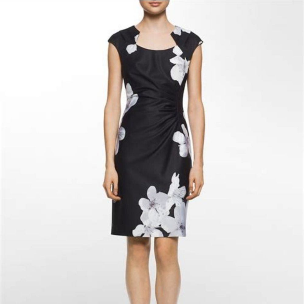 Calvin Klein Women Black / White Floral Cap Sleeve Midi Dress sz 10 Romantic